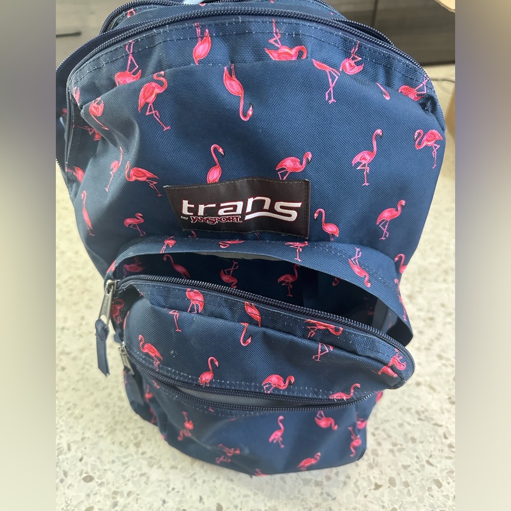 Three pocket Jansport backpacks with pink flamingo